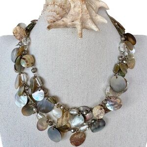 Long Abalone Shell Disc and Bead Necklace – Silvertone Chain Dangle Design